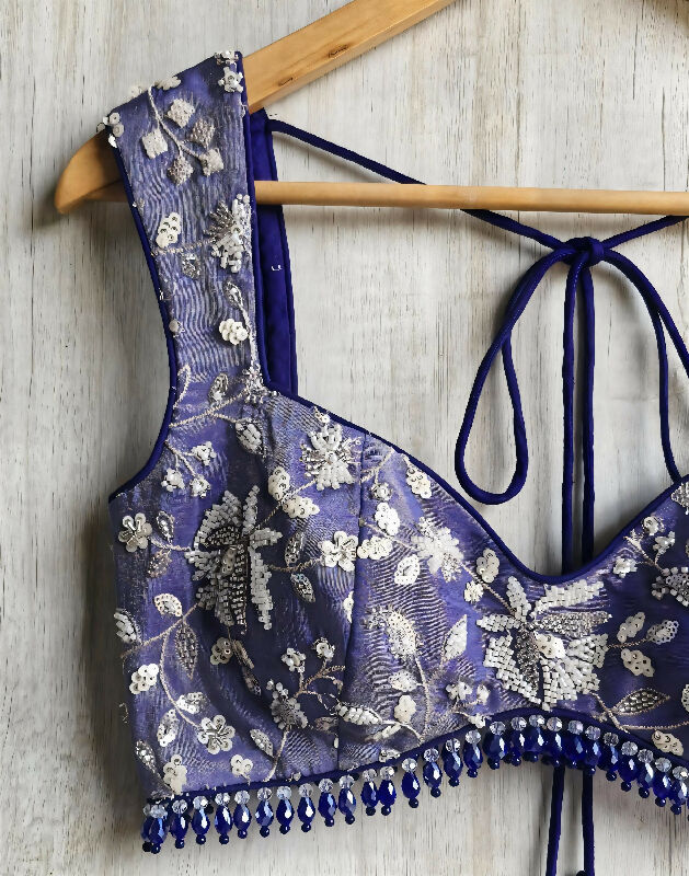 Blue Embroidered Tissue Silk Saree Blouse. Deep Sweetheart Neck Bralette DVBL_489