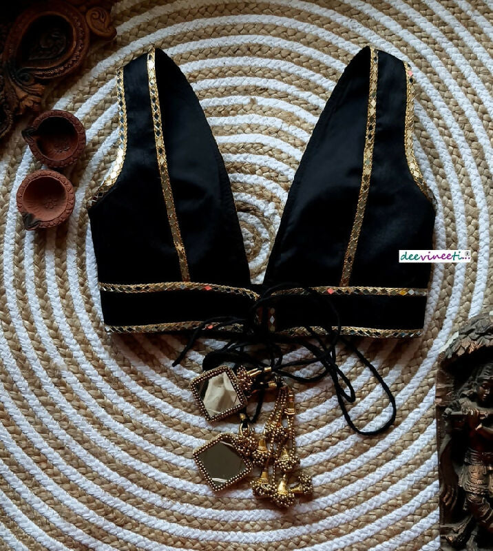 Black Blended Raw Silk Deep V Neck Blouse Mirror Work