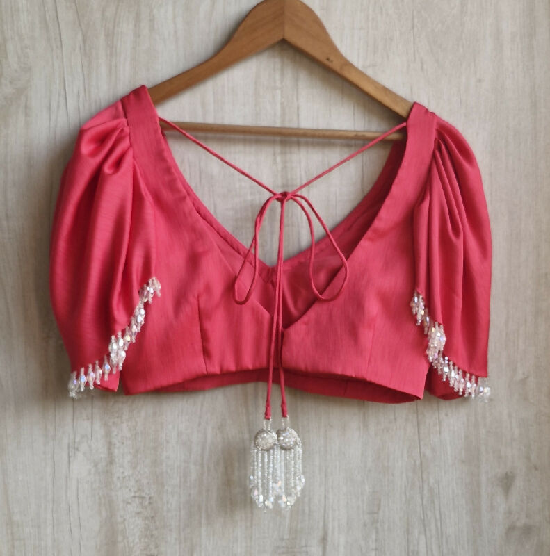 Pink Art Silk V Neck Ruffle Sleeves Blouse