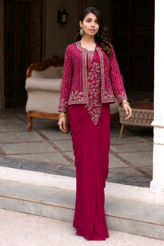 Pink indo western blouse with saree and jacket 3pc set