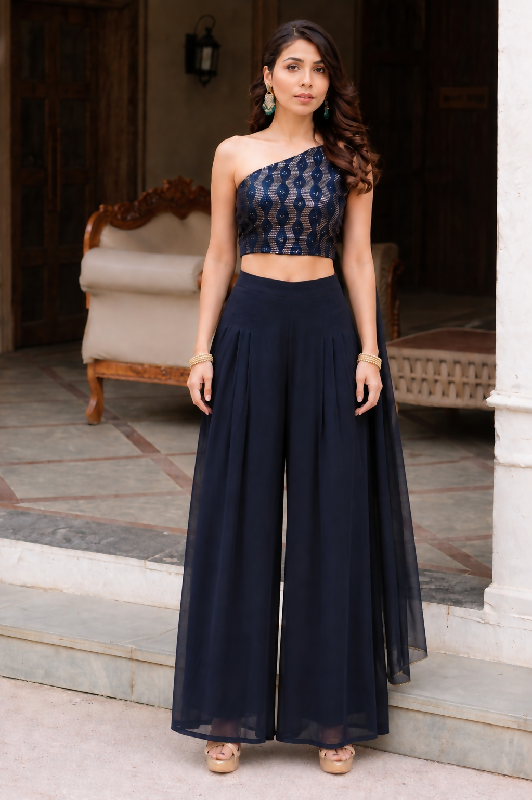 Blue indo western one shoulder top with palazzo