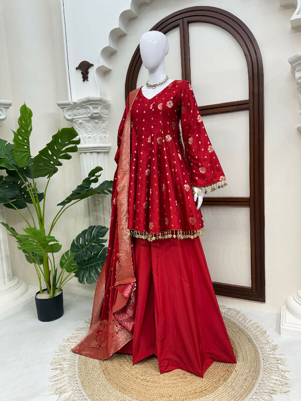 Red floral a line peplum kurti with palazzo and dupatta set