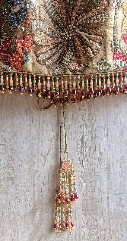 Earthy Taupe Embroidered Saree Blouse, Jewel Neck, Beads Fringes DVBL_488