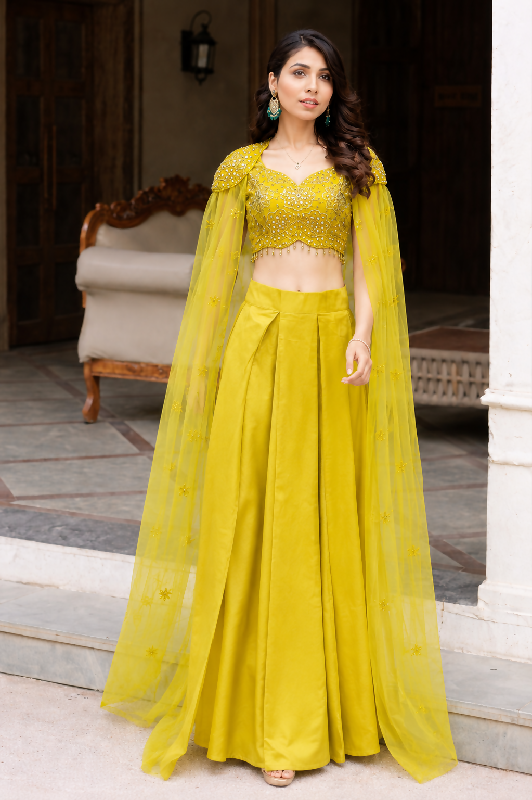 Yellow mirror work cape with dhoti skirt and top set