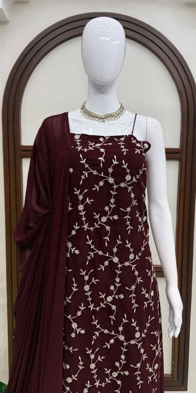Brown spaghetti sleeveless indo western kurta with palazzo and dupatta 3pc set
