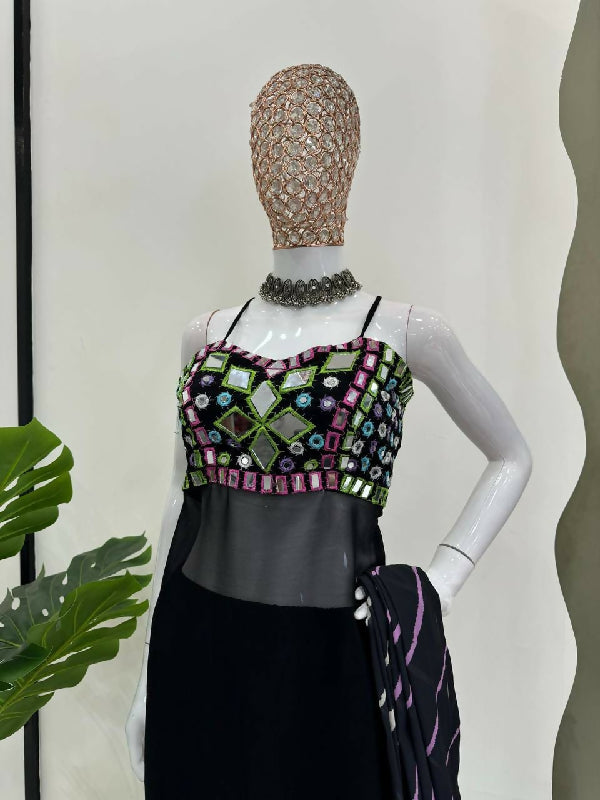 Black corset back mirror work kurti with pent and dupatta 3pc set