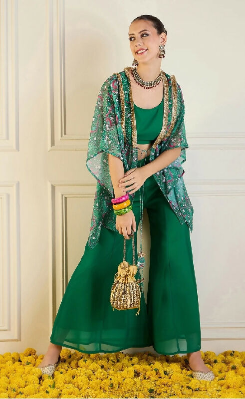 Green crop top with palazzo and shrug 3pc set