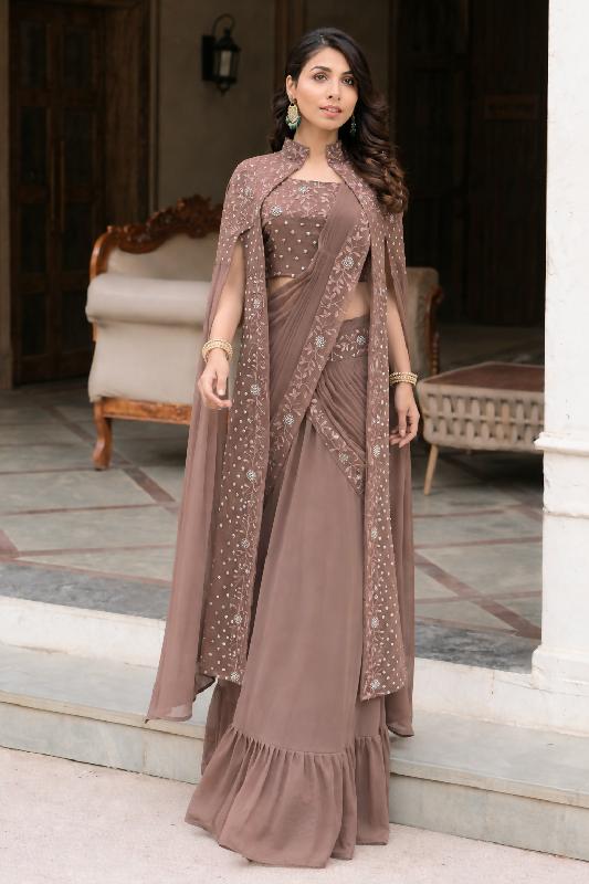 Brown ready to wear lehenga saree with cape set