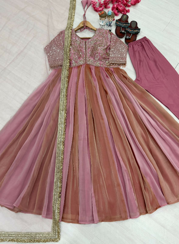 Pink pleated multicolored flaired anarkali suit with pent and dupatta 3pc set