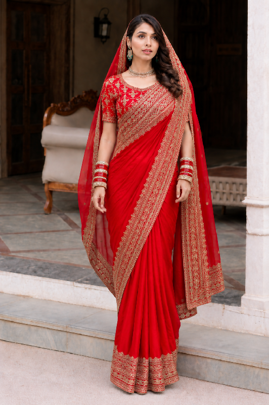 Red bridal indian silk saree with blouse and dupatta set