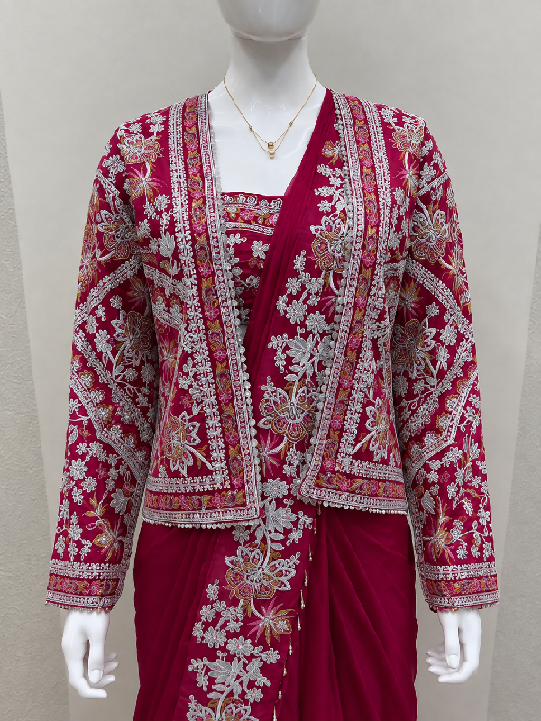 Pink one min readymade cape saree with blouse and set