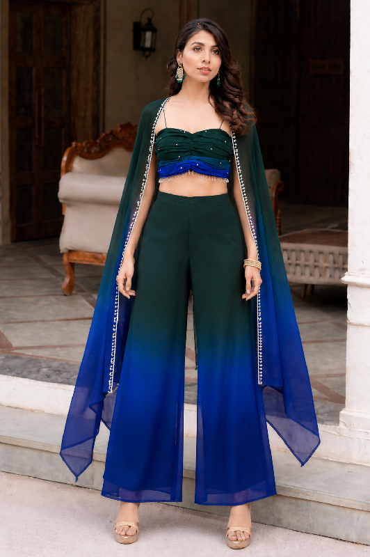 Green ombre shaded indo western crop top with palazzo and jacket