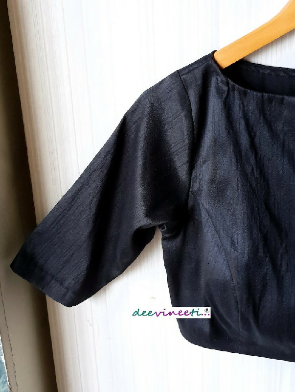 Blended Raw Silk Boat Neck Blouse Elbow Sleeves
