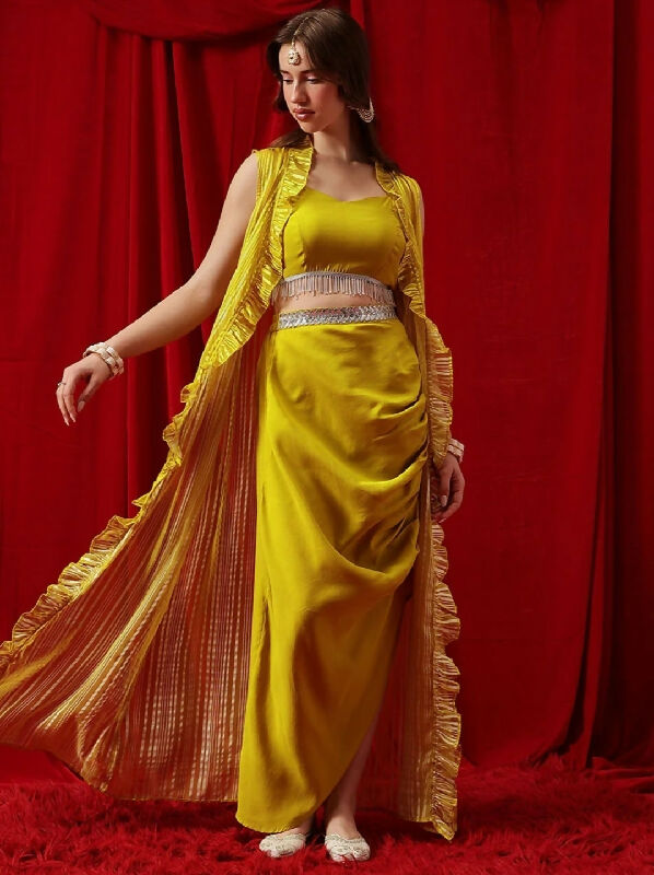 Red pink indo western top with dhoti skirt and shrug cape set