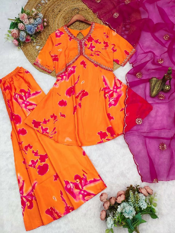Orange v neck peplum stylish top with palazzo and dupatta 3pc set
