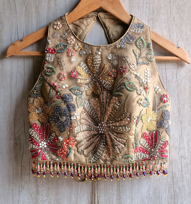 Earthy Taupe Embroidered Saree Blouse, Jewel Neck, Beads Fringes DVBL_488
