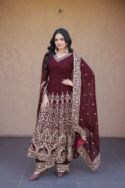 Maroon flaired v neck anarkali suit with pent and dupatta 3pc set
