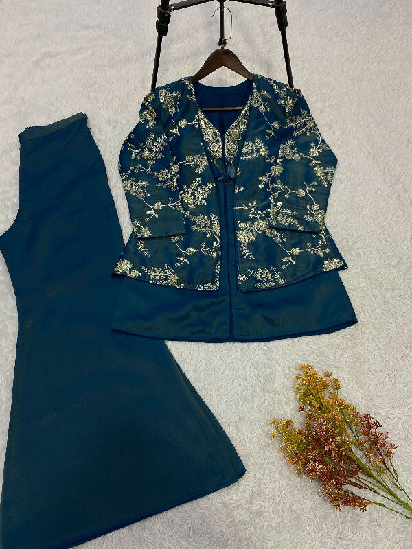Blue indo western kurti with jacket and palazzo 3pc set