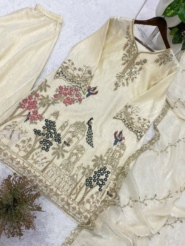 Off white cutdana handwork kurta with palazzo and dupatta 3pc set