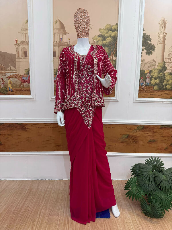 Pink indo western blouse with saree and jacket 3pc set