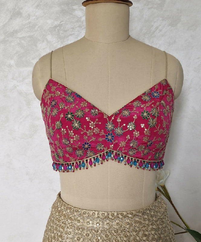 Magenta Pink Embroidered Crepe Silk Deep V Neck Blouse