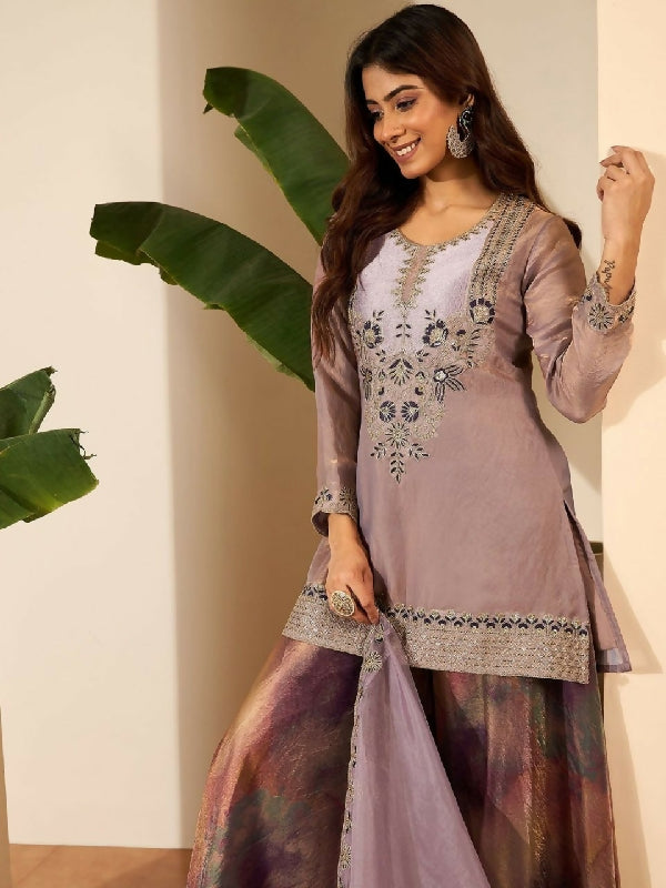 Purple silk kurti with printed shiny palazzo and dupatta set