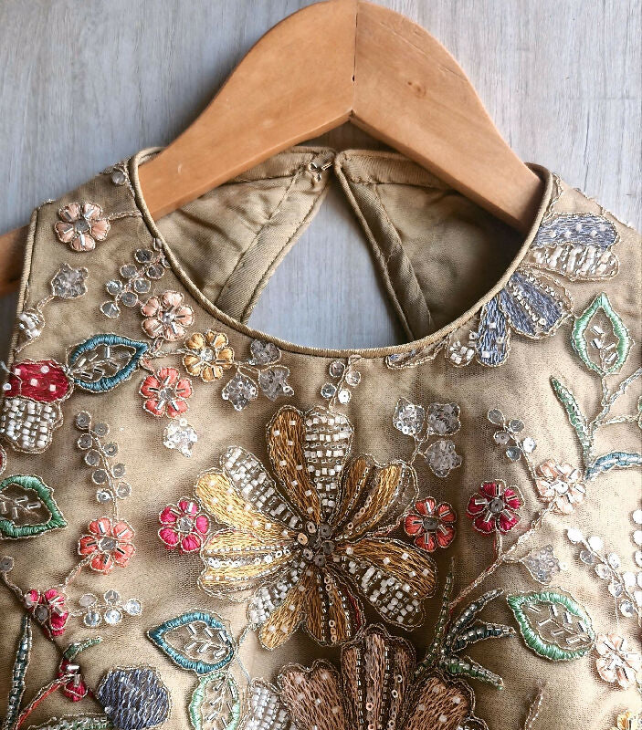 Earthy Taupe Embroidered Saree Blouse, Jewel Neck, Beads Fringes DVBL_488
