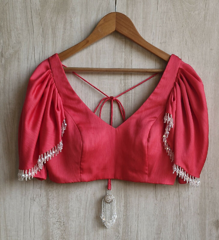 Pink Art Silk V Neck Ruffle Sleeves Blouse