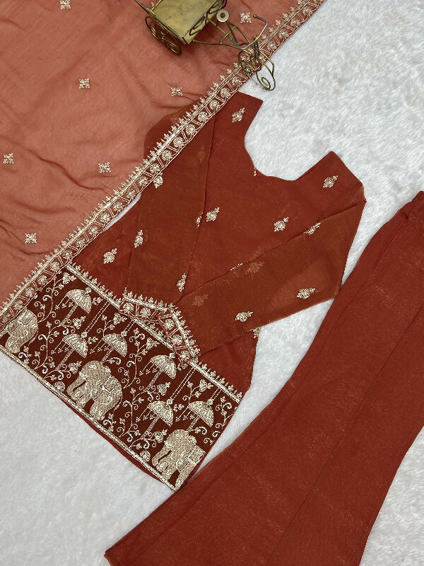 Orange silk corset short kurta with sharara and dupatta set
