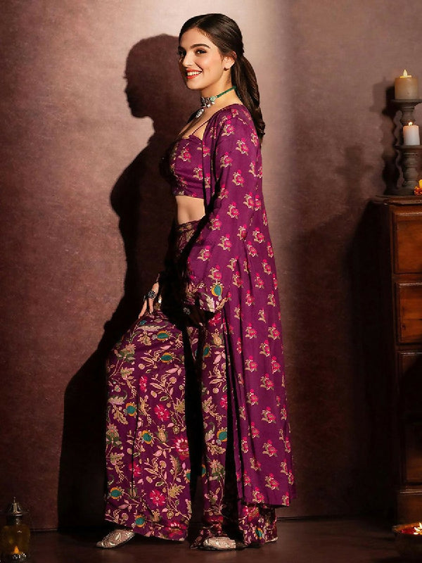 Purple floral printed palazzo with top and jacket