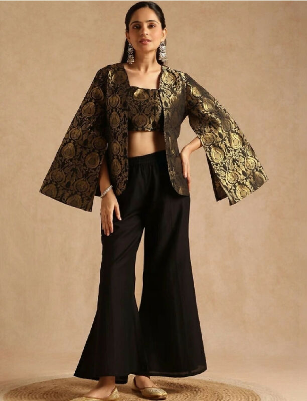 Black brocade jacket with top and palazzo
