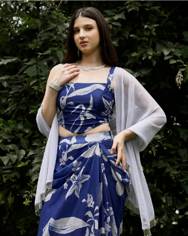 Blue floral corset top with dhoti and dupatta set