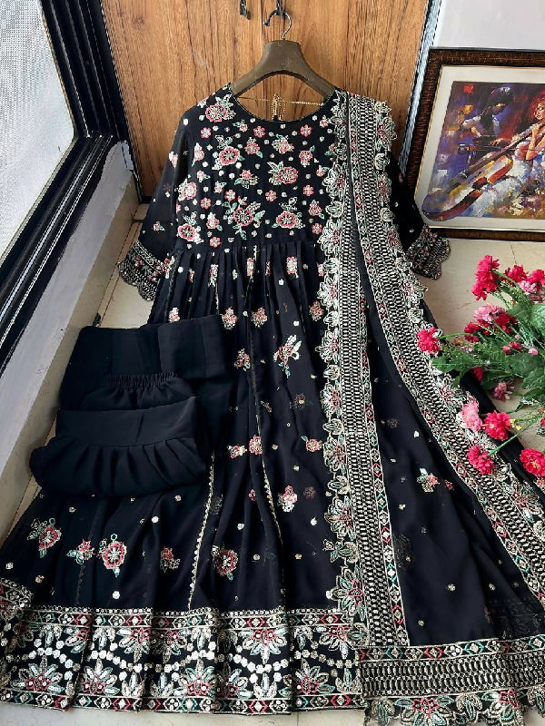 Black floral flaired anarkali suit with pent and dupatta 3pc set