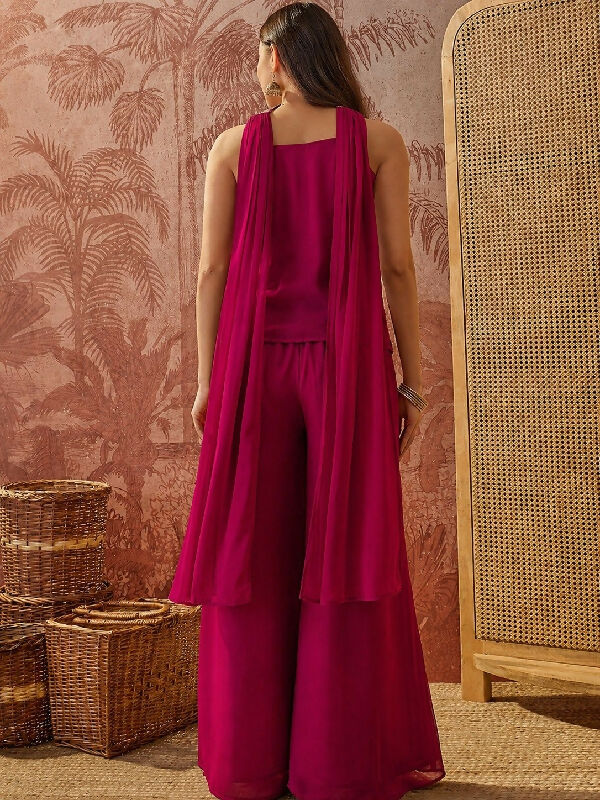 Pink indo western crop top with palazzo and dupatta set