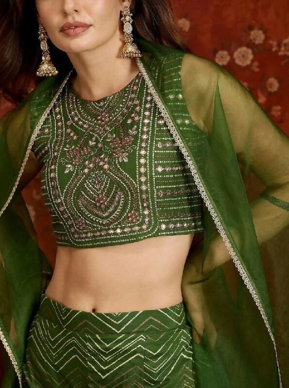 Green indo western top with palazzo and shrug 3pc set
