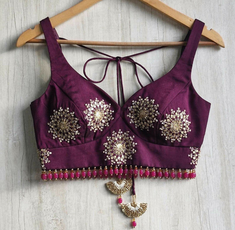Wine Embroidered Silk Sweetheart Neck Blouse