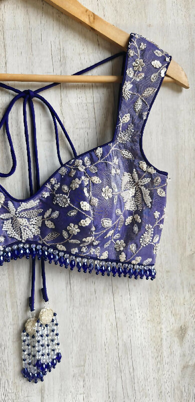 Blue Embroidered Tissue Silk Saree Blouse. Deep Sweetheart Neck Bralette DVBL_489