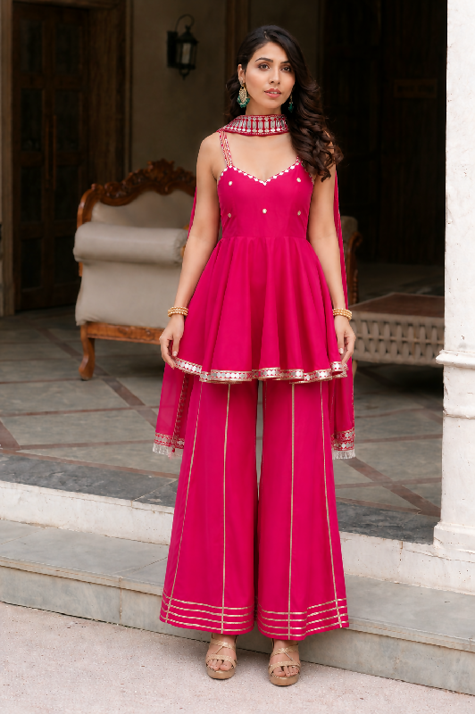 Pink v neck mirror work sleeveless kurta with palazzo and dupatta 3pc set