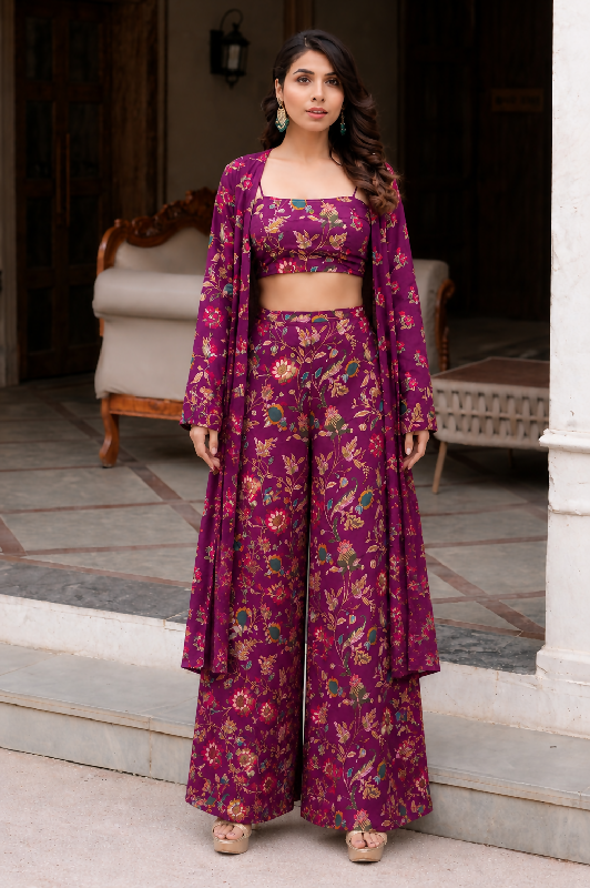 Purple floral printed palazzo with top and jacket