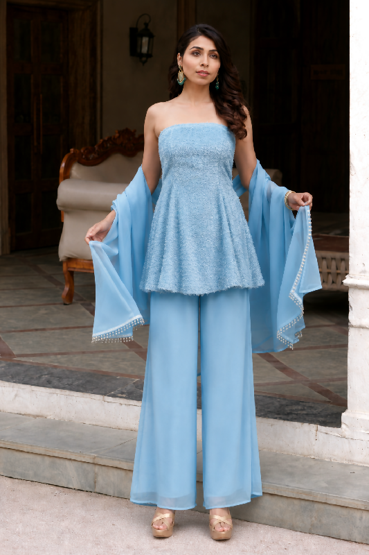 Blue strapless peplum top with palazzo and dupatta set