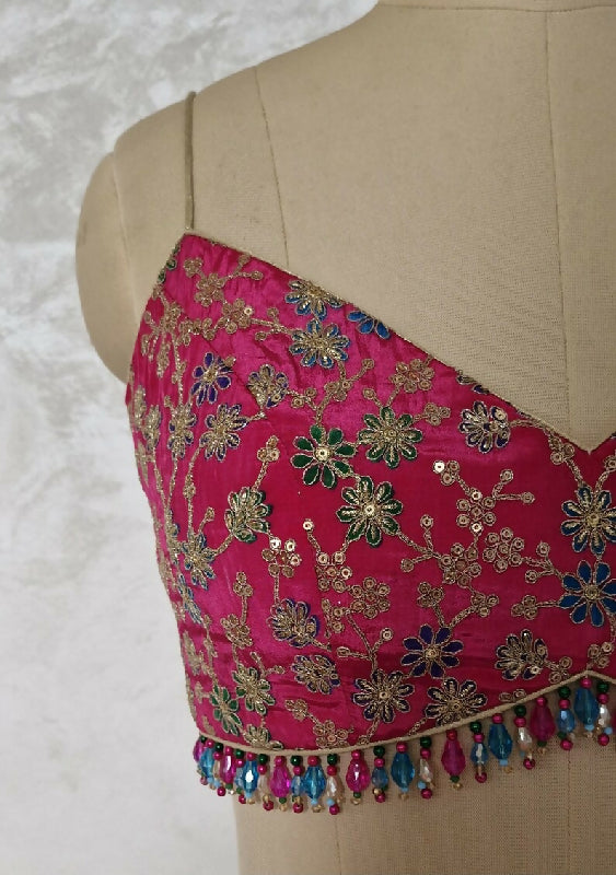 Magenta Pink Embroidered Crepe Silk Deep V Neck Blouse