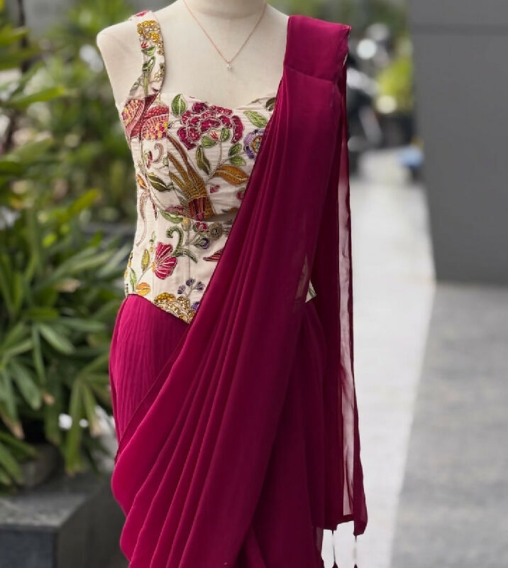 Pink ready to wear one min saree with corset blouse