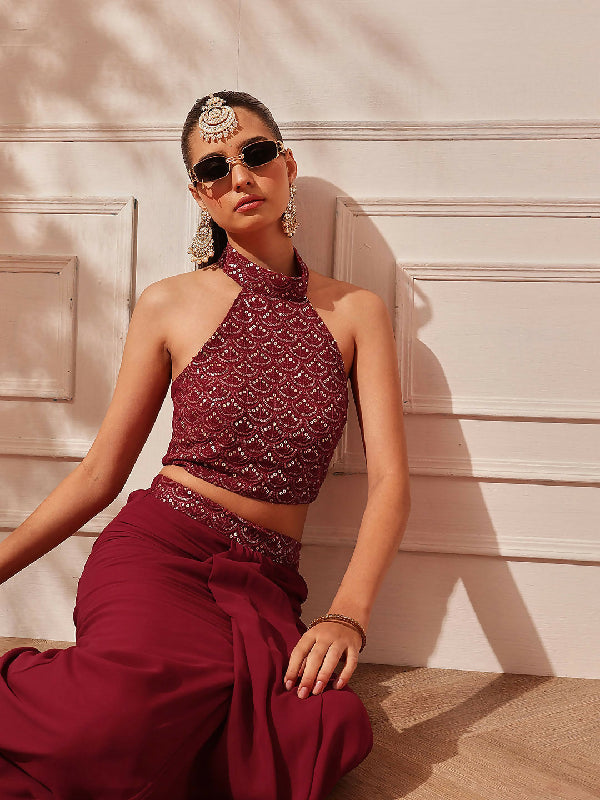 Maroon indo western dhoti skirt with halter neck top