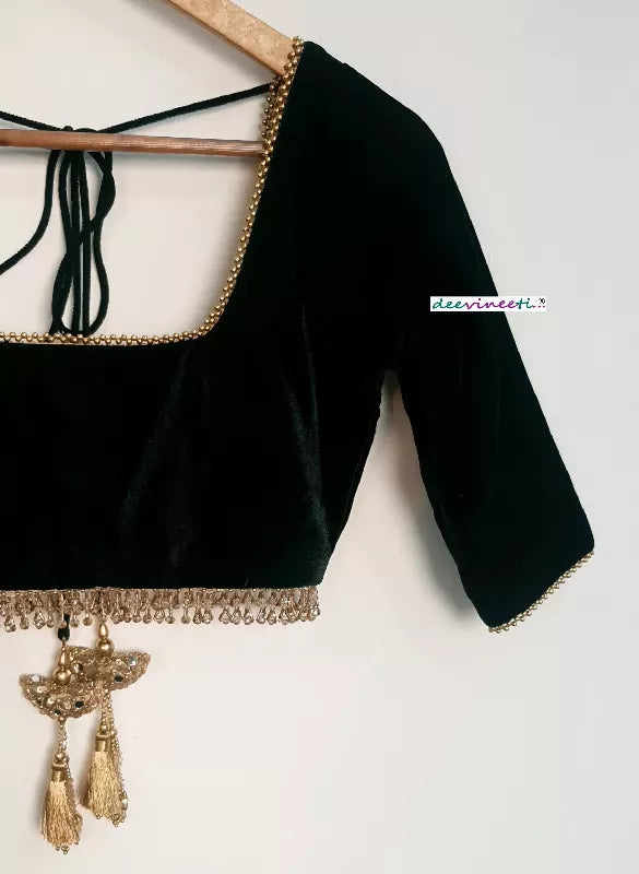 Dark Green Velvet Saree Lehenga Blouse Square Neck