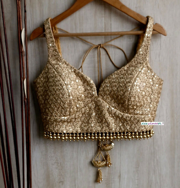 Saree Lehenga Blouse Gold Embroidered Bridal Deep Sweetheart Neck DVBL_320