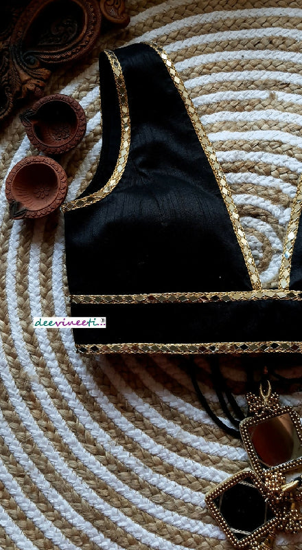 Black Blended Raw Silk Deep V Neck Blouse Mirror Work