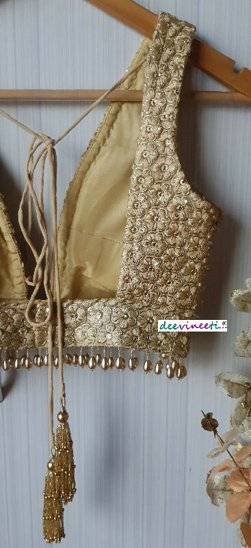 Embroidered Gold Georgette Saree Blouse, Plunge Neckline DVBL_139