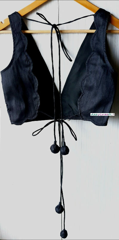 Black Blended Raw Silk Deep V Neck Blouse