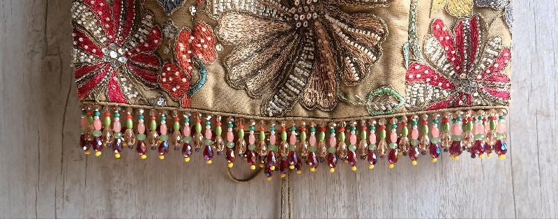 Earthy Taupe Embroidered Saree Blouse, Jewel Neck, Beads Fringes DVBL_488