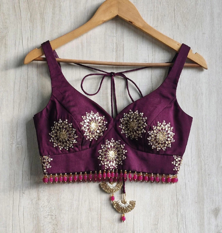 Wine Embroidered Silk Sweetheart Neck Blouse